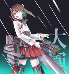 Rule 34 | 10s, 1girl, bike shorts, bow (weapon), brown eyes, brown hair, crossbow, flat chest, headband, headgear, highres, kantai collection, open mouth, personification, pleated skirt, shao (newton), short hair, skirt, solo, taihou (kancolle), thighhighs, weapon