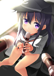 Rule 34 | 10s, 1girl, akatsuki (kancolle), bad id, bad pixiv id, bare legs, bell (artist), bell (oppore coppore), black hair, blush, bottomless, car, car interior, censored, convenient censoring, flat cap, flute, from above, hat, highres, instrument, kantai collection, long hair, looking up, motor vehicle, music, no panties, personification, playing instrument, purple eyes, recorder, school uniform, serafuku, sexually suggestive, sitting, smile, solo, suggestive fluid, sunlight, tears, vehicle