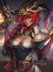 Rule 34 | 1girl, alternate costume, alternate hairstyle, artist name, bad deviantart id, bad id, blue eyes, braid, breasts, captain fortune, cleavage, corset, dual wielding, gradient background, gun, hair over shoulder, hat, holding, jurikoi, large breasts, league of legends, long hair, miss fortune (league of legends), pirate, pirate hat, ponytail, red hair, single braid, solo, weapon