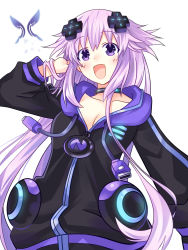 Rule 34 | 2girls, adult neptune, bad id, bad pixiv id, blush, breasts, bug, butterfly, collar, collarbone, cowboy shot, d-pad, fairy, female focus, hair ornament, highres, hood, hooded jacket, insect, jacket, long hair, looking at viewer, looking down, medium breasts, multiple girls, neptune (series), no bra, open mouth, pink hair, purple eyes, shin jigen game neptune vii, simple background, smile, thighhighs, track jacket, white background, zero (ray 0805)