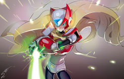 Rule 34 | 1boy, android, blonde hair, blue eyes, capcom, cowboy shot, energy blade, energy sword, fighting stance, floating hair, gradient background, helmet, highres, holding, holding weapon, long hair, male focus, mega man (series), mega man x (series), serious, signature, simple background, solo, sumomo, sword, weapon, zero (mega man)
