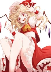 Rule 34 | 1girl, absurdres, ascot, blonde hair, colored eyelashes, darjeeling (reley), dress shirt, fang, flandre scarlet, frilled skirt, frills, happy, hat, hat ribbon, highres, mob cap, open mouth, puffy short sleeves, puffy sleeves, red eyes, red skirt, red vest, ribbon, shirt, short hair, short sleeves, skirt, skirt set, solo, touhou, vest, wings