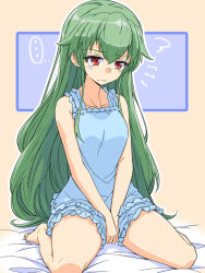 ? alternate_costume alternate_hairstyle anchovy_(girls_und_panzer) bed_sheet blue_shirt blue_shorts breasts frilled_shorts frills girls_und_panzer green_eyes hair_down highres long_hair on_bed own_hands_together red_eyes renshiu seiza shirt short_shorts shorts sitting sleepy sleeveless