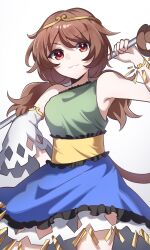 Rule 34 | 1girl, ametama (runarunaruta5656), blue dress, brown hair, circlet, closed mouth, cowboy shot, detached sleeves, dress, green dress, highres, long hair, low twintails, monkey tail, multicolored clothes, multicolored dress, red eyes, simple background, single detached sleeve, smile, solo, son biten, tail, touhou, twintails, white background, white sleeves, yellow dress