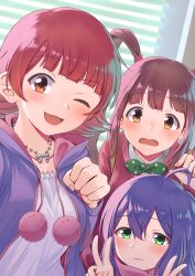 3girls :3 absurdres ahoge blush bow bowtie breasts brown_eyes brown_hair clenched_hand closed_mouth collarbone dot_nose double_v green_bow green_bowtie green_eyes hair_between_eyes hair_tie hand_up highres idolmaster idolmaster_million_live! idolmaster_million_live!_theater_days indoors jacket jewelry kuro_kinkan long_hair long_sleeves looking_at_viewer matsuda_arisa medium_breasts mochizuki_anna multiple_girls necklace nonohara_akane one_eye_closed open_clothes open_jacket open_mouth pink_shirt pom_pom_(clothes) purple_hair purple_jacket red_hair shirt short_hair smile twintails v wavy_mouth white_shirt window_blinds