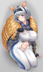 Rule 34 | 1girl, absurdres, armadillo ears, armadillo shell, blush, bodysuit, breasts, chest belt, chest strap, clothing cutout, fingerless gloves, full body, gloves, hairband, highres, large breasts, last origin, looking at viewer, navel, navel cutout, saetti, short hair, silver hair, sodmango, solo, tears