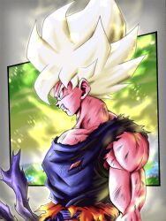 Rule 34 | 1boy, angry, aura, belt, biceps, blonde hair, clenched teeth, commentary, commentary request, dougi, dragon ball, dragonball z, from side, highres, hiro (udkod1ezlyi2flo), muscular, muscular male, pectorals, solo, son goku, spiked hair, super saiyan, super saiyan 1, teeth, torn, torn clothes, yellow aura