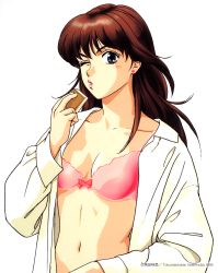 Rule 34 | 1990s (style), 1996, 1girl, blue eyes, bra, brown hair, copyright notice, dated, dress shirt, earrings, highres, holding, jewelry, lips, long hair, long sleeves, mahjong, mahjong tile, navel, one eye closed, open clothes, open shirt, pc engine fan, pink bra, puckered lips, retro artstyle, shirt, simple background, solo, stud earrings, takada akemi, underwear, white background, white shirt