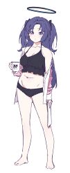 Rule 34 | 1girl, absurdres, aged up, barefoot, belly, blue archive, blue hair, coffee mug, cup, full body, halo, highres, holding, holding cup, holding paper, long hair, looking at viewer, mug, navel, panties, paper, shade of trees, solo, standing, underwear, white background, yuuka (blue archive)