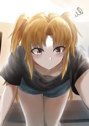 Rule 34 | 1girl, akatsuki uni, ankoku kishi m, black shirt, blonde hair, blue shorts, blush, breasts, closed mouth, cowboy shot, dot mouth, downblouse, highres, knees together feet apart, leaning forward, long hair, no bra, outstretched arm, parted bangs, raised eyebrows, reaching, reaching towards viewer, red eyes, shiny skin, shirt, short sleeves, shorts, small breasts, solo, squiggle, straight-on, sweat, t-shirt, thighs, uni create, very long hair, virtual youtuber