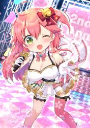 Rule 34 | 1girl, ahoge, alternate costume, breasts, bridal garter, character name, checkered floor, cherry blossom print, cleavage, english text, floral print, gloves, highres, holding, holding microphone, hololive, idol clothes, microphone, official alternate costume, one eye closed, open mouth, petals, pink thighhighs, sakura miko, single thighhigh, thighhighs, virtual youtuber, white gloves, yuncha