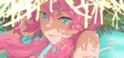 Rule 34 | 1girl, arknights, artist name, bare shoulders, blue eyes, blue poison (arknights), blurry, blurry background, blurry foreground, close-up, dated, depth of field, eyelashes, hand in own hair, hat, highres, pink hair, portrait, shadow, solo, straw hat, twintails, xilmo