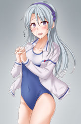 Rule 34 | 1girl, alternate costume, anti (untea9), blue hairband, blush, breasts, collarbone, competition school swimsuit, covered navel, cowboy shot, gradient background, grey background, grey hair, hairband, high school fleet, highres, jacket, kantai collection, lips, long hair, long sleeves, looking at viewer, one-piece swimsuit, open clothes, open jacket, open mouth, own hands together, purple eyes, sagiri (kancolle), school swimsuit, small breasts, solo, sweatdrop, swimsuit, tears, twitter username, two-tone swimsuit, white jacket