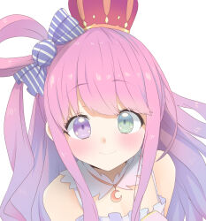 Rule 34 | 1girl, bare shoulders, blush, candy hair ornament, closed mouth, crescent, crescent necklace, crown, dress, food-themed hair ornament, from above, green hair, hair ornament, heterochromia, highres, himemori luna, himemori luna (1st costume), hololive, jewelry, long hair, looking at viewer, mini crown, necklace, pink hair, portrait, princess, purple hair, sidelocks, simple background, single hair ring, smile, solo, staring, swept bangs, tareme, upper body, virtual youtuber, white background