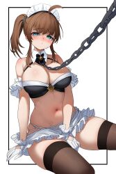 Rule 34 | 1girl, absurdres, ahoge, arm garter, artist request, bare shoulders, black bra, blue eyes, blush, bra, breasts, brown hair, brown thighhighs, chain, cleavage, commentary request, commission, frilled skirt, frills, frown, gloves, halterneck, highres, korean commentary, large breasts, lekisia, long hair, looking at viewer, maid headdress, microskirt, midriff, multi-strapped panties, navel, nose blush, original, panties, second-party source, side ponytail, sidelocks, sitting, skindentation, skirt, solo, spaghetti strap, stomach, string bra, string panties, thighhighs, thighs, underwear, white background, white gloves, white panties, white skirt, wing collar