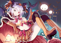 Rule 34 | 1girl, animal, bat (animal), black cloak, black sleeves, black thighhighs, blue wings, boots, bow, breasts, brown skirt, candy, candy wrapper, character request, chouhakai!! barbarossa, cloak, closed mouth, commentary request, crossed legs, demon girl, demon horns, demon wings, detached sleeves, fang, fang out, food, frilled skirt, frills, fur-trimmed cloak, fur-trimmed hood, fur trim, givuchoko, gloves, glowing, grey eyes, grey hair, hair bow, halloween, head wings, heterochromia, holding, holding food, hood, hood down, hooded cloak, horns, jack-o&#039;-lantern, knee boots, lollipop, long sleeves, looking at viewer, medium breasts, navel, night, night sky, orange bow, orange gloves, outdoors, pleated skirt, pointy ears, purple wings, red eyes, skirt, sky, smile, solo, striped clothes, striped footwear, swirl lollipop, thighhighs, thighhighs under boots, tiara, twintails, vertical-striped footwear, wings