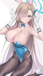 Rule 34 | 1girl, absurdres, animal ears, armpits, asla yu, asuna (blue archive), asuna (bunny) (blue archive), asymmetrical bangs, bare shoulders, black pantyhose, blue archive, blue bow, blue bowtie, blue eyes, blue leotard, blue ribbon, bow, bowtie, breasts, detached collar, fake animal ears, gloves, grin, hair over one eye, hair ribbon, hairband, halo, high heels, highleg, highleg leotard, highres, invisible chair, large breasts, leotard, light brown hair, long hair, looking at viewer, mole, mole on breast, pantyhose, playboy bunny, rabbit ears, ribbon, shoes, simple background, sitting, smile, solo, strapless, strapless leotard, thighband pantyhose, thighs, traditional bowtie, very long hair, wariza, white background, white footwear, white gloves, white hairband