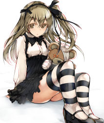 Rule 34 | 10s, 1girl, arm support, arms behind back, bandages, black bow, black bowtie, black footwear, black ribbon, black skirt, black thighhighs, boko (girls und panzer), bow, bowtie, brown eyes, casual, collared shirt, full body, girls und panzer, hair ribbon, high-waist skirt, highres, holding, layered skirt, leaning back, light brown hair, long hair, long sleeves, looking at viewer, mary janes, nishiide kengorou, parted lips, ribbon, shimada arisu, shirt, shoes, side ponytail, sitting, skirt, solo, striped clothes, striped thighhighs, stuffed animal, stuffed toy, suspender skirt, suspenders, teddy bear, thighhighs, thighs, white background, white shirt