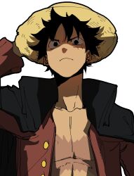 Rule 34 | 1boy, absurdres, angry, black coat, black eyes, black hair, burn scar, buttons, closed mouth, coat, collarbone, cross scar, from below, hand on headwear, hand up, hat, high collar, highres, isaacchief300, long neck, long sleeves, looking at viewer, looking down, male focus, monkey d. luffy, one piece, open clothes, red shirt, scar, scar on chest, scar on face, shaded face, shirt, short hair, simple background, solo, straight-on, straw hat, toned, toned male, upper body, white background