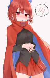 Rule 34 | 1girl, :o, bare legs, black shirt, blue bow, blue cape, blush, bow, breasts, cape, commentary request, cowboy shot, dakuazu, hair bow, highres, long sleeves, looking at viewer, miniskirt, open mouth, pleated skirt, red cape, red eyes, red hair, red skirt, sekibanki, sekibanki day, shirt, simple background, skirt, small breasts, solo, spoken blush, touhou, white background