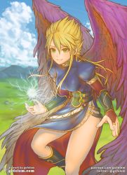 Rule 34 | 1girl, blonde hair, boots, breasts, breath of fire, breath of fire ii, bridal gauntlets, commentary, dress, gofelem, green eyes, knee boots, long hair, looking at viewer, magic, nina (breath of fire ii), purple wings, side slit, solo, wings