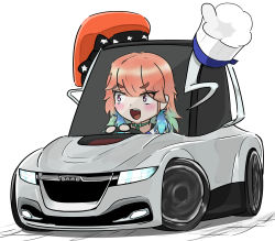 Rule 34 | absurdres, chef hat, chibi, driving, hat, highres, hololive, hololive english, looking to the side, n13, open mouth, orange hair, purple eyes, saab, saab phoenix, solo, takanashi kiara, vehicle focus, virtual youtuber