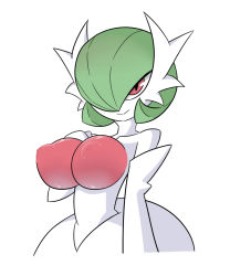 Rule 34 | 1girl, breasts, collarbone, creatures (company), egnahcio, female focus, game freak, gardevoir, gen 3 pokemon, green hair, hair over one eye, hand on own chest, hand up, highres, large breasts, looking at viewer, mega gardevoir, mega pokemon, nintendo, nipples, pokemon, pokemon (creature), pokemon rse, red eyes, short hair, simple background, smile, solo, upper body, white background