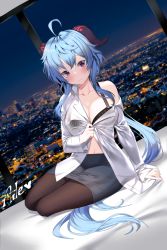 Rule 34 | 1girl, ahoge, aile (crossroads), arm support, artist name, bed, black bra, black pantyhose, blue hair, blue skirt, blush, bra, breasts, city lights, cityscape, cleavage, collarbone, embarrassed, full body, ganyu (genshin impact), genshin impact, highres, horns, long hair, looking at viewer, medium breasts, navel, night, night sky, off-shoulder shirt, off shoulder, paid reward available, pantyhose, partially unbuttoned, partially undressed, pencil skirt, purple eyes, see-through, shirt, sidelocks, single bare shoulder, sitting, skirt, sky, solo, underwear, wavy mouth, white shirt, yokozuwari