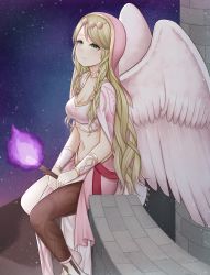 Rule 34 | absurdres, atorie, bird, blonde hair, choker, commission, fire emblem, fire emblem: radiant dawn, fire emblem heroes, green eyes, heron, highres, leanne (fire emblem), long hair, looking up, nintendo, outdoors, pixiv commission, sitting, sky, star (sky), starry sky, thighhighs, torch, wings