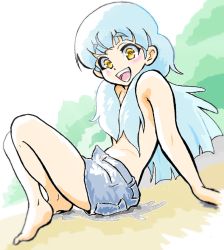 Rule 34 | 10s, 1girl, barefoot, blue hair, blush, convenient censoring, hair censor, hoshikawa lily, long hair, looking at viewer, open mouth, smile, solo, topless, yellow eyes, zombie land saga