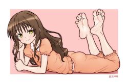 Rule 34 | 1girl, ass, barefoot, blush, border, brown hair, closed mouth, collarbone, collared shirt, commentary, commission, english commentary, feet, feet up, foot focus, frilled sleeves, frills, full body, head rest, long hair, lying, on stomach, orange pants, orange shirt, pajamas, pants, pink background, puffy short sleeves, puffy sleeves, shirt, short sleeves, sidelocks, smile, soles, solo, spread toes, the pose, to love-ru, toes, tsukimaru (ls 99ml), twitter username, white border, yellow eyes, yuuki mikan