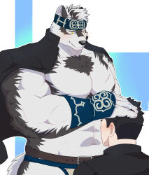 Rule 34 | 2boys, absurdres, ainu clothes, animal ears, bara, blush, furry, furry male, furry with non-furry, grey fur, grey hair, headband, headpat, height difference, highres, horkeu kamui, interspecies, jacket, jacket on shoulders, large pectorals, male focus, protagonist 3 (housamo), multiple boys, muscular, muscular male, no shirt, pectorals, tokyo houkago summoners, two-tone fur, wolf boy, wolf ears, yaoi, yasuyo (oaghoerg), yellow eyes