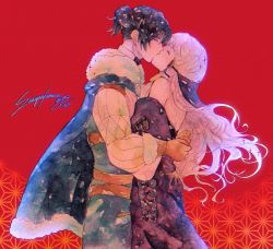 Rule 34 | 1boy, 1girl, akamaru saasha, artist name, bare shoulders, blue hair, closed eyes, couple, felix hugo fraldarius, fire emblem, fire emblem: three houses, hetero, highres, hug, kiss, lysithea von ordelia, nintendo, signature, white hair