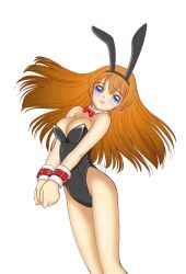 Rule 34 | 1girl, animal ears, bare legs, bdsm, blue eyes, bondage, bound, bound wrists, bow, bowtie, breasts, brown hair, rabbit ears, rabbit tail, c17, colorized, cuffs, fake animal ears, female focus, highres, large breasts, leotard, long hair, min (westsign2170), original, playboy bunny, solo, standing, tail, tears
