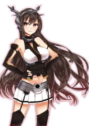 Rule 34 | 10s, 1girl, bare shoulders, black hair, breasts, fingerless gloves, garter straps, gloves, hands on own hips, headgear, kantai collection, large breasts, long hair, masuishi kinoto, nagato (kancolle), navel, personification, red eyes, shima (shima je), smile, solo, thighhighs, white background