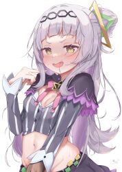 Rule 34 | 1girl, absurdres, arched bangs, black capelet, black skirt, blush, bow, bowtie, breasts, capelet, cone hair bun, cropped shirt, grey hair, grey shirt, groin, hair bun, hairband, half updo, highres, hololive, hot, long hair, long sleeves, looking at viewer, lowleg, lowleg skirt, masute, messy hair, midriff, miniskirt, murasaki shion, murasaki shion (1st costume), navel, open mouth, pink bow, pink bowtie, purple capelet, shirt, short eyebrows, sidelocks, single side bun, skirt, small breasts, solo, striped clothes, striped shirt, sweat, vertical-striped clothes, vertical-striped shirt, very sweaty, virtual youtuber, yellow eyes