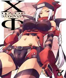 Rule 34 | 1girl, arai nobu, bad id, bad pixiv id, bat wings, belt, blush, braid, breasts, character name, chloe fleurage, covered erect nipples, elbow gloves, fingerless gloves, from below, gloves, greek text, hood, hoodie, large breasts, long hair, looking down, midriff, navel, original, paw print, red eyes, shiny clothes, shiny skin, shorts, solo, standing, striped clothes, striped thighhighs, tattoo, thighhighs, white hair, wings