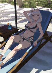 Rule 34 | 1girl, absurdres, arm up, beach, beach chair, blue shorts, braid, breasts, brown footwear, cleavage, cup, day, drinking glass, drinking straw, food, fruit, green eyes, grey hair, highres, hololive, hololive fantasy, large breasts, looking at viewer, medium hair, navel, orange (fruit), orange slice, outdoors, pinoj0214, sand, shirogane noel, shorts, sitting, solo, swimsuit, virtual youtuber