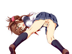 Rule 34 | 10s, 1girl, bad id, bad pixiv id, blush, brown eyes, brown hair, covering privates, covering crotch, folded ponytail, inazuma (kancolle), kantai collection, kimura shuuichi, no panties, open mouth, school uniform, serafuku, solo, white background