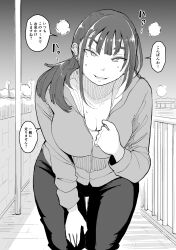 Rule 34 | 1girl, absurdres, breasts, cleavage, greyscale, hadashi no kenji, hand on own leg, highres, jacket, large breasts, leaning forward, long hair, looking at viewer, monochrome, original, outdoors, railing, solo, speech bubble, standing, sweat