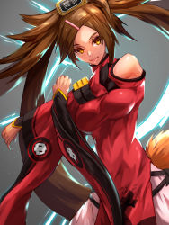 Rule 34 | 1girl, absurdres, arms up, bare shoulders, breasts, brown hair, can, china dress, chinese clothes, detached sleeves, dress, guilty gear, guilty gear xrd, hair ornament, hairclip, highres, kuradoberi jam, large breasts, long hair, looking at viewer, shaded face, skin tight, skirt, solo, stretching, swept bangs, ura dora, wide sleeves, yellow eyes