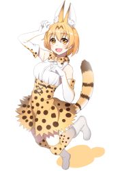 Rule 34 | 1girl, animal ears, bare shoulders, blonde hair, blouse, blush, boots, bow, bowtie, breasts, commentary, extra ears, full body, gloves, hair between eyes, high-waist skirt, highres, ike masato, kemono friends, looking at viewer, medium breasts, open mouth, paw pose, print bow, print gloves, print neckwear, print skirt, print thighhighs, serval (kemono friends), serval print, serval tail, shirt, short hair, simple background, skirt, sleeveless, sleeveless shirt, solo, standing, striped tail, tail, thighhighs, traditional bowtie, white background, white footwear, white shirt, yellow eyes