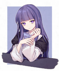 Rule 34 | 1girl, aluce, blunt bangs, border, bow, bowtie, elbow rest, expressionless, frederica bernkastel, frilled sleeves, frills, hand on own wrist, hands up, highres, long hair, looking at viewer, no nose, no pupils, outline, outside border, puffy sleeves, purple background, purple bow, purple bowtie, purple eyes, purple hair, simple background, solo, straight hair, umineko no naku koro ni, upper body, white border, white outline