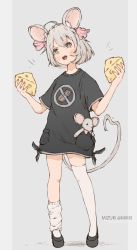 Rule 34 | 1girl, :d, ahoge, artist name, black footwear, black shirt, blush, cheese, commentary request, food, full body, grey background, grey eyes, grey hair, head tilt, holding, holding food, jerry3912, looking at viewer, loose thighhigh, mouse tail, no pants, open mouth, original, platform footwear, print shirt, shirt, shoes, short hair, short sleeves, smile, solo, standing, stuffed animal, stuffed mouse, stuffed toy, tail, tareme, two-tone background, w arms, white legwear