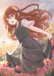 Rule 34 | 1girl, :d, alternate costume, black dress, blurry, blurry background, blush, braid, brown hair, casual, clothes lift, commentary request, dress, dress lift, eyelashes, floating hair, flower, garden, green eyes, hair between eyes, hair flower, hair ornament, happy, kanbe kotori, lifting own clothes, light particles, long dress, long hair, looking at viewer, open mouth, outdoors, pink flower, red flower, rewrite, shirt, short sleeves, sidelighting, sidelocks, sleeveless, sleeveless dress, smile, solo, sunflower, sunset, tagame (tagamecat), twin braids, very long hair, wavy hair, white shirt