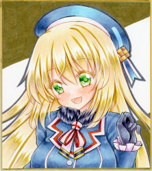 Rule 34 | 1girl, atago (kancolle), beret, blonde hair, blue hat, blue jacket, blush, breasts, commentary request, graphite (medium), green eyes, hair between eyes, hat, highres, jacket, kantai collection, long hair, looking at viewer, marker (medium), medium breasts, nekofish666, open mouth, portrait, sidelocks, solo, traditional media