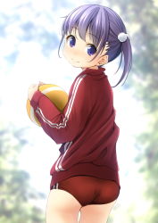 Rule 34 | 1girl, ass, ball, buruma, commentary request, cowboy shot, from behind, gym uniform, hair bobbles, hair ornament, highres, jacket, looking at viewer, looking back, original, purple eyes, purple hair, red buruma, red jacket, shibacha, short hair, solo, track jacket, twintails