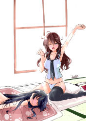 Rule 34 | 10s, 2girls, agano (kancolle), arm up, armpits, bare shoulders, black hair, black legwear, blush, brown hair, clenched hands, futon, gloves, unworn gloves, grey eyes, kantai collection, lying, messy hair, mikage takashi, multiple girls, neckerchief, noshiro (kancolle), nude, on stomach, one eye closed, open mouth, panties, pillow, skirt, unworn skirt, solo focus, tatami, thighhighs, trembling, underwear, white panties, window, yawning