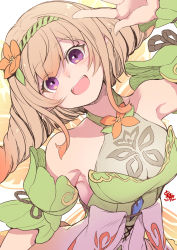 Rule 34 | 1girl, armpits, bare shoulders, blush, breasts, cleavage, collarbone, croissant, detached sleeves, dress, dutch angle, fairy wings, fire emblem, fire emblem heroes, flower, food, hair flower, hair ornament, halterneck, headband, highres, leaf, light brown hair, long hair, medium breasts, nakabayashi zun, nintendo, open mouth, orange flower, palms, peony (fire emblem), pointy ears, purple eyes, ribbon, rope, shadow, signature, sleeveless, sleeveless dress, solo, twintails, upper body, white background, wings