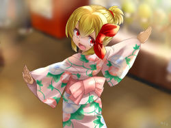 Rule 34 | 1girl, alternate costume, alternate hairstyle, araki (qbthgry), back, blurry, depth of field, fang, floral print, flower, hair ornament, hair ribbon, japanese clothes, kimono, long sleeves, looking back, morning glory, morning glory print, obi, open mouth, outstretched arms, ponytail, red eyes, ribbon, rumia, sash, smile, solo, touhou, wide sleeves, yukata